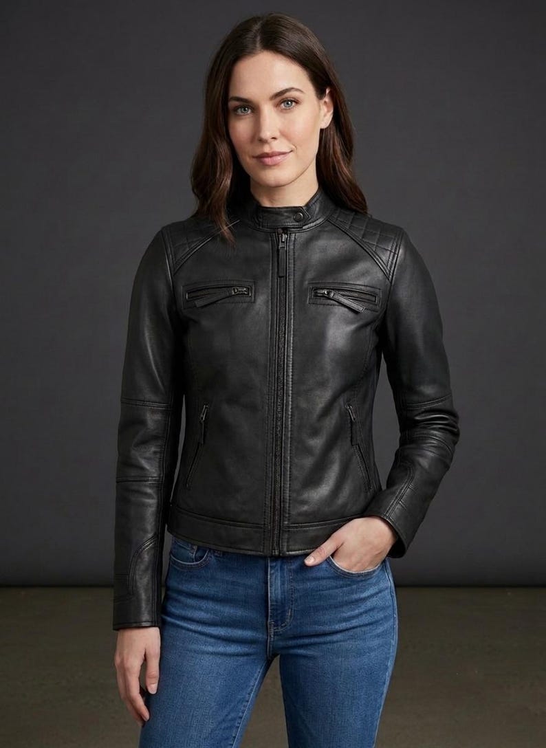 Women’s Black Quilted Leather Jacket – Handmade Sheepskin, Stylish Biker Outerwear, Modern Streetwear image 1