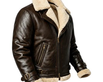 Men's B3 Shearling Leather Jacket | Real Sheepskin Aviator Bomber Jacket | Dark Brown Distressed Vintage Leather Coat | Winter Gift for Him