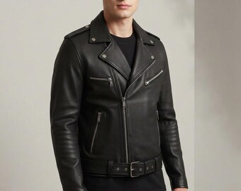 Men's Black Leather Biker Jacket with Belt, Motorcycle Jacket
