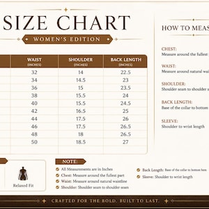 May include: A size chart for a brown leather jacket featuring a table with measurements in inches, a fit guide, and two views of the jacket showing chest, waist, shoulder, back length, and sleeve length measurement points with text labels.