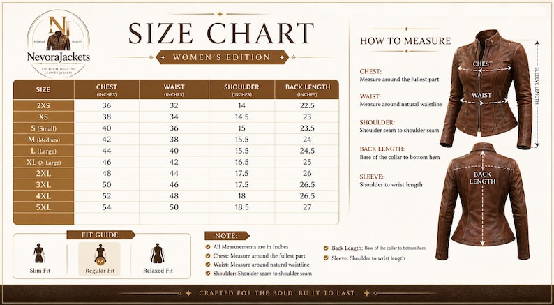 May include: A size chart for a brown leather jacket featuring a table with measurements in inches, a fit guide, and two views of the jacket showing chest, waist, shoulder, back length, and sleeve length measurement points with text labels.