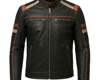 Men’s Black Leather Jacket with Brown Stripes – Vintage Sporty Style, Handmade Outerwear