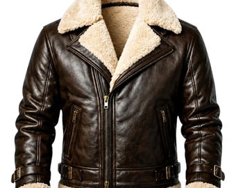 Men's B3 Shearling Leather Jacket | Real Sheepskin Aviator Bomber Jacket | Dark Brown Distressed Vintage Leather Coat | Winter Gift for Him