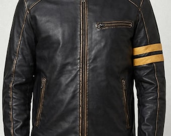 Black Leather Biker Jacket – Vintage Rub-Off Finish, Yellow Stripes
