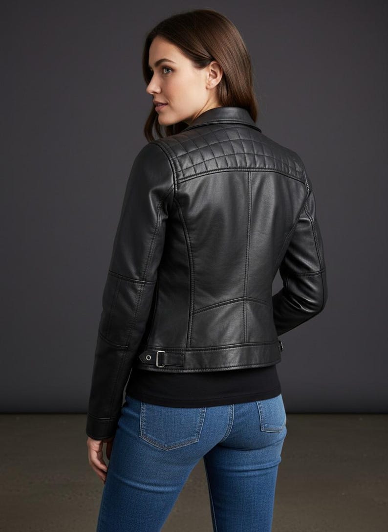 Women’s Black Quilted Leather Jacket – Handmade Sheepskin, Stylish Biker Outerwear, Modern Streetwear image 2