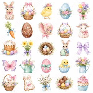 Könnte beinhalten: Eine Sammlung von Aquarellillustrationen mit Ostermotiven, darunter Hasen, Küken, Lämmer, verzierte Eier, Blumensträuße, Körbe, eine Haube, ein Schmetterling, ein Cupcake, eine Gießkanne und Weidenkätzchenzweige mit Schleifen.