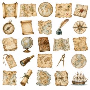 Puede incluir: Una colección de ilustraciones de estilo vintage que incluye mapas antiguos, pergaminos, un globo terráqueo, una brújula de latón, una pluma con tintero, un telescopio, un compás, un libro encuadernado en cuero y un velero de madera en tonos sepia.