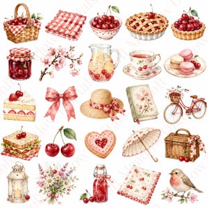 Puede incluir: Una colección de ilustraciones en acuarela que muestran cerezas, una cesta de mimbre, un paño de cuadros rojos, un pastel de cerezas, una jarra de cristal con limonada de cereza, una taza de té, macarons, un sombrero de paja, una bicicleta y un ave.