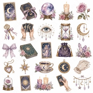 Puede incluir: Una colección de pegatinas místicas que incluye cartas del tarot, una bola de cristal, una vela encendida, una rosa, una llave ornamentada, una luna creciente, un lazo, una bolsa de terciopelo, cristales, una taza de té y motivos celestiales.