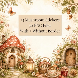 Mushroom Cottagecore Watercolor Stickers, 50 PNG Files, With and Without Border, Digital Planner Stickers, GoodNotes Clipart