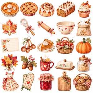 Puede incluir: Una colección de ilustraciones con temática otoñal que incluye tarta de calabaza, rollo de canela, pastel, magdalena, galleta de hoja de arce, batidor, rodillo, cuenco, saco de harina, tarjeta de receta, cucharas medidoras, cesta de manzanas, calabaza, bellotas, taza, mantequera, tarro, delantal, manopla, tarro de mermelada, tabla de cortar y cesta de muffins.