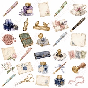 Peut inclure: Une collection d'illustrations de papeterie comprenant des stylos-plume, des encriers en verre bleu et violet, des sceaux de cire, des enveloppes avec rubans, des timbres vintage, une tasse à thé fleurie, un carnet et des ciseaux en métal.