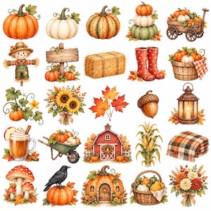 May include: A collection of autumn-themed illustrations featuring pumpkins, a scarecrow, a wooden sign, hay bales, red polka-dot boots, a basket of pumpkins, sunflowers, maple leaves, an acorn, a lantern, a mug of cider, a wheelbarrow, a barn, corn, a plaid blanket, mushrooms, a crow, a pumpkin house, and floral bouquets.