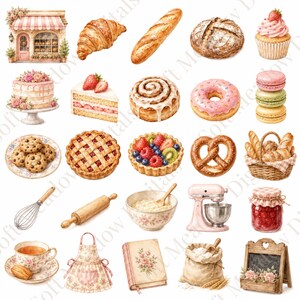 Puede incluir: Una colección de ilustraciones en acuarela que presenta una fachada de panadería, varios panes, pasteles, tartas, galletas, un pastel, una tarta de frutas, un pretzel, una cesta de pan, un batidor, rodillo, tazón, batidora, tarro de mermelada, juego de té, delantal, libro, saco de harina y una pizarra.