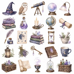 May include: A collection of watercolor illustrations featuring a wizard hat, owl, telescope, crystal ball, lamp, books, potion bottles, candle, globe, scroll, quill, inkwell, moon chart, hourglass, mortar and pestle, lantern, lavender, key, journal, mug, wooden chest, and cabinet.