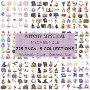 Può includere: Una collezione digitale di 225 immagini clipart ad acquerello con temi mistici e occulti. Il set include illustrazioni di cristalli, lune, libri di incantesimi, boccette di pozioni, candele, gufi, gatti e chiavi in un layout a griglia.
