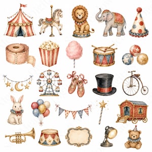 May include: A collection of watercolor circus-themed illustrations including a red and white striped tent, a carousel horse, a lion, an elephant, a party hat, popcorn, cotton candy, a drum, juggling balls, a Ferris wheel, ballet slippers, a top hat, a penny-farthing, a rabbit, balloons, bunting, a star wand, a circus wagon, a trumpet, a stage base, a decorative frame, a spotlight, and a teddy bear.