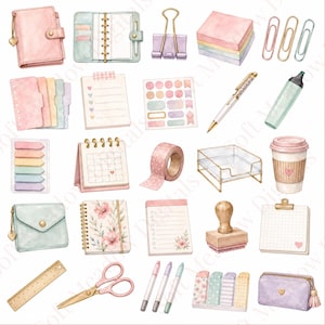 May include: A collection of stationery items including a pink planner, pastel sticky notes, gold paper clips, a metal binder clip, a white pen, a mint highlighter, a desk calendar, washi tape, a clear tray, a coffee cup, a stamp, scissors, and a pencil case.