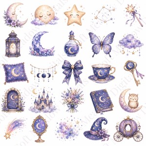 Puede incluir: Una colección de ilustraciones en acuarela con temática celestial y motivos morados y dorados que incluyen lunas, estrellas, una mariposa, un farol, una taza de té, un libro, un búho, un castillo, un lazo, un espejo, un sombrero de bruja y un carruaje.