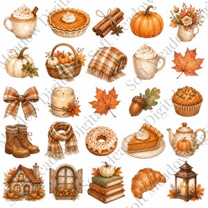 Puede incluir: Una colección de ilustraciones en acuarela con temática otoñal que incluye calabazas, ramas de canela, mantas de cuadros, tazas con nata montada, hojas de arce, una tarta, un muffin, un dónut, un cruasán, una casita, libros, un farol y una tetera.