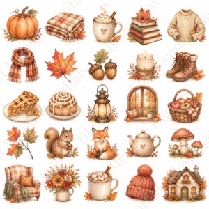 Puede incluir: Una colección de ilustraciones con temática otoñal que incluye una calabaza, una manta a cuadros, chocolate caliente, libros, un suéter, una bufanda, una hoja de arce, bellotas, una vela, botas, tarta, un rollo de canela, un farol, una ventana, una cesta de manzanas, una ardilla, un zorro, una tetera, setas, un sillón, flores, un gorro y una casa.