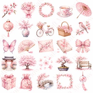 Puede incluir: Una colección de ilustraciones en acuarela con flores de cerezo en varios objetos, incluyendo una bicicleta, una taza de té, una sombrilla, una linterna, un abanico, una mariposa, una caja de regalo, un bonsái, un puente, un banco y un pájaro.