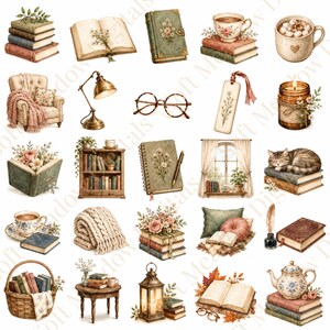 Puede incluir: Una colección de ilustraciones digitales que muestran pilas de libros, un sillón acogedor con una manta, una lámpara de escritorio de latón, gafas redondas, un marcapáginas floral, una vela, una estantería, un cuaderno con bolígrafo, una ventana, un gato, un juego de té, una manta de punto y un farol.