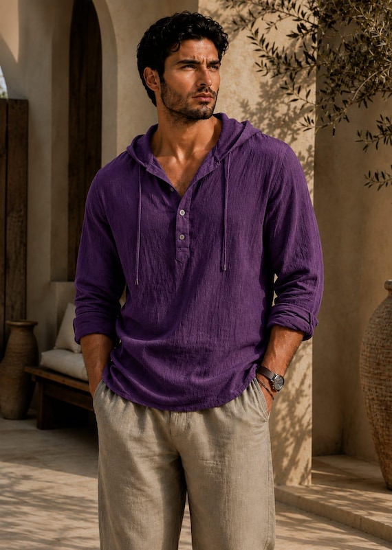 Summer Linen Top, Beach Hood Shirt, Festival Shirt, Casual Mens Top, Lightweight Shirt, Relaxed Fit Shirt, Mens Resort Wear