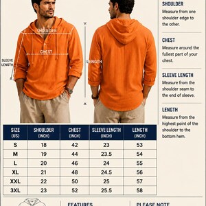 May include: A size chart for a hooded kaftan featuring an orange long-sleeve shirt with a hood and drawstring. The chart displays measurements in inches for sizes S through 3XL, including shoulder, chest, sleeve length, and total length dimensions.