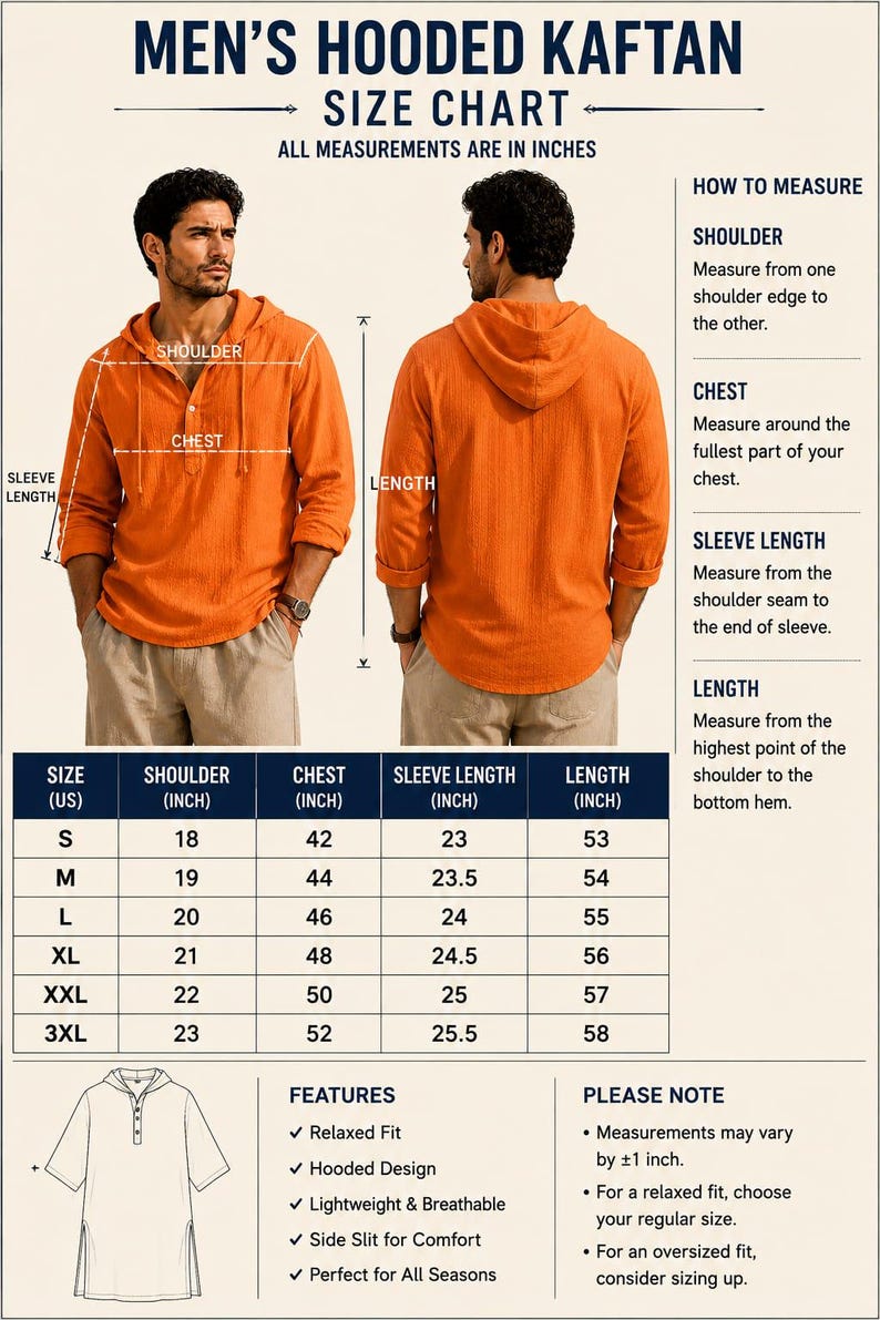 May include: A size chart for a hooded kaftan featuring an orange long-sleeve shirt with a hood and drawstring. The chart displays measurements in inches for sizes S through 3XL, including shoulder, chest, sleeve length, and total length dimensions.