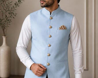 Men's Nehru Jacket, Mandarin Collar Cotton Vest, Indian Ethnic Waistcoat, Festive Wear