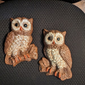 Vintage 70s Homco Owl Wall Art Molded Resin Foam Decor MCM Owls   7&quot; x 5&quot; Wide
