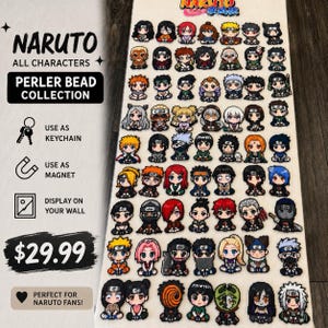 May include: A collection of Naruto character figures crafted from colorful perler beads, arranged in a grid on a white surface. The figures feature various anime characters with distinct hair colors, outfits, and expressions in a pixelated style.