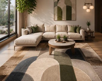 Tapis en laine tufté à la main, motif arche, style scandinave géométrique moderne, idéal pour le salon.