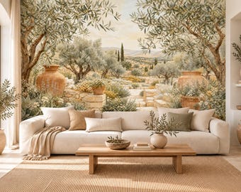 Mediterranean Olive Garden Wallpaper Mural, Sage Green Botanical Landscape, Terracotta Urns, Peel and Stick