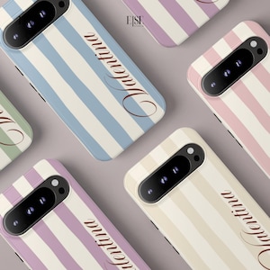 Custom Pastel Stripe Phone Case – Personalized Name Script Tough Protective Case for Google Pixel XL Case, Pixel 9 8 7 6 Pro | MUSE
