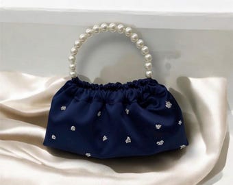 Navy Pearl Satin Bag Abiye Çanta