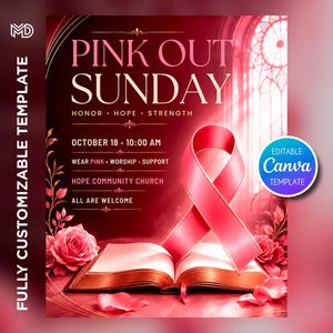 Könnte beinhalten: Eine Flyer-Vorlage für Pink Out Sunday mit einer rosa Schleife auf einem aufgeschlagenen Buch, umgeben von rosa Rosen und Blütenblättern. Der Text enthält Pink Out Sunday, Honor Hope Strength, 18. Oktober, 10:00 Uhr und Hope Community Church.