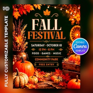 Puede incluir: Una plantilla de folleto digital para un festival de otoño con calabazas naranjas, hojas de otoño rojas y naranjas, y luces de cadena sobre un fondo oscuro. El texto dice Fall Festival, Saturday October 10, 12 PM to 6 PM, Food, Games, Music, Community Park, Free Entry, y Editable Canva Template.