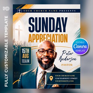 Puede incluir: Una plantilla de folleto para un evento de iglesia Sunday Appreciation con el retrato de un hombre con traje y gafas. El texto incluye SUNDAY APPRECIATION, 15TH AUG 10AM, Peter Anderson PASTOR y espacios para nombre, dirección y sitio web.
