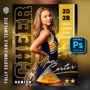 Puede incluir: Una plantilla de Photoshop totalmente personalizable para una animadora de último año de secundaria con uniforme azul marino y dorado, un pompón dorado, el texto CHEER, 2028, CHEER LEADER HIGH SCHOOL, SENIOR y el nombre Max Carter en cursiva.