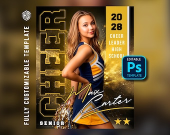 Modelli di poster per cheerleading per Photoshop, modelli PSD per fotografia sportiva, banner modificabili, banner per la serata dedicata ai cheerleader senior.