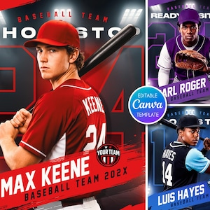 Op de afbeelding: Een digitaal grafisch ontwerpsjabloon voor een honkbalteam met drie verschillende spelersportretten. De lay-outs bevatten tekst zoals SHOW STOP, MAX KEENE, BASEBALL TEAM 202X, READY POSITION, CARL ROGER en LUIS HAYES met teamlogo's.