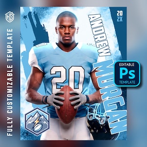 May include: A digital sports poster template featuring a football player in a light blue jersey with the number 20, holding a brown football. The design includes the text Andrew Morgan, 20 2X, and an editable Ps template badge on a blue background.