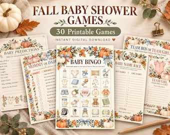 May include: A collection of printable baby shower game cards featuring fall-themed illustrations of pumpkins, leaves, and acorns. The cards include titles like Baby Bingo, Baby Predictions, Mommy or Daddy, Baby Name Race, and Team Boy or Team Girl.