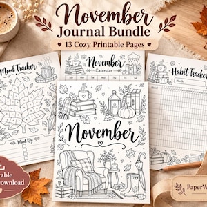 Pode incluir: Um pacote de diário de novembro com 13 páginas imprimíveis apresentando ilustrações de linhas em preto e branco com temas de outono, incluindo um rastreador de humor, calendário e rastreador de hábitos com textos como November, Mood Tracker e Habit Tracker.