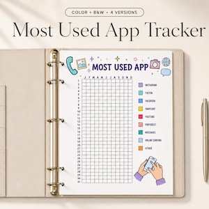 May include: A planner insert titled Most Used App Tracker featuring a grid for tracking daily app usage across twelve months. The page includes colorful icons, a legend for various social media platforms, and a graphic of hands holding a smartphone.