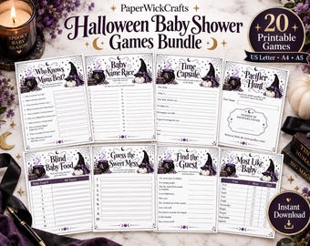 Puede incluir: Un paquete de juegos para baby shower de Halloween con 20 hojas imprimibles con gráficos morados y negros de sombreros de bruja, calderos y calabazas. El texto incluye títulos como Who Knows Mama Best, Baby Name Race y Time Capsule.