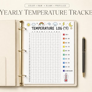 May include: A yearly temperature tracker log page in a three-ring binder. The page features a grid for months and days, a color-coded temperature key in Fahrenheit, and weather icons including a sun, rainbow, clouds, and a thermometer illustration.