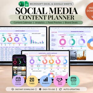 May include: A digital social media content planner for Microsoft Excel and Google Sheets displayed on two laptops and a smartphone. The interface features colorful data charts, content calendars, analytics, and feed previews with text labels.